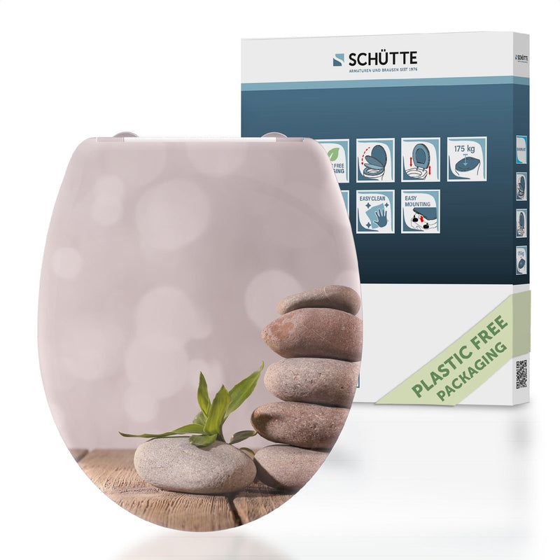Schütte WC-Sitz 82380 Steinpyramide – Duroplast – Absenkautomatik – klickbar – Edelstahlscharniere – Belastbarkeit bis 175 kg – Dekor – 3-seitiger Druck