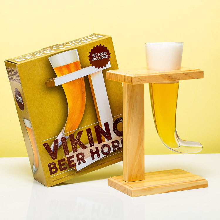 #Winning Viking Trinkhorn – Bierglas – 480 ml – Natron-Kalk-Glas – inklusive Bierhalter aus Holz – 59263
