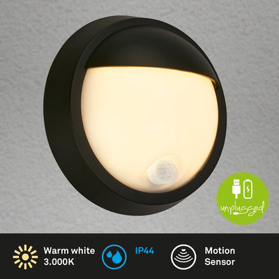 Briloner - Außenwandleuchte - Lampe d'extérieur - mit Bewegungsmelder - Dämmerungssensor - wiederaufladbarer Akku - USB-Aufladung - Spritzwasserschutz - ø17 x 7 cm - Schwarz