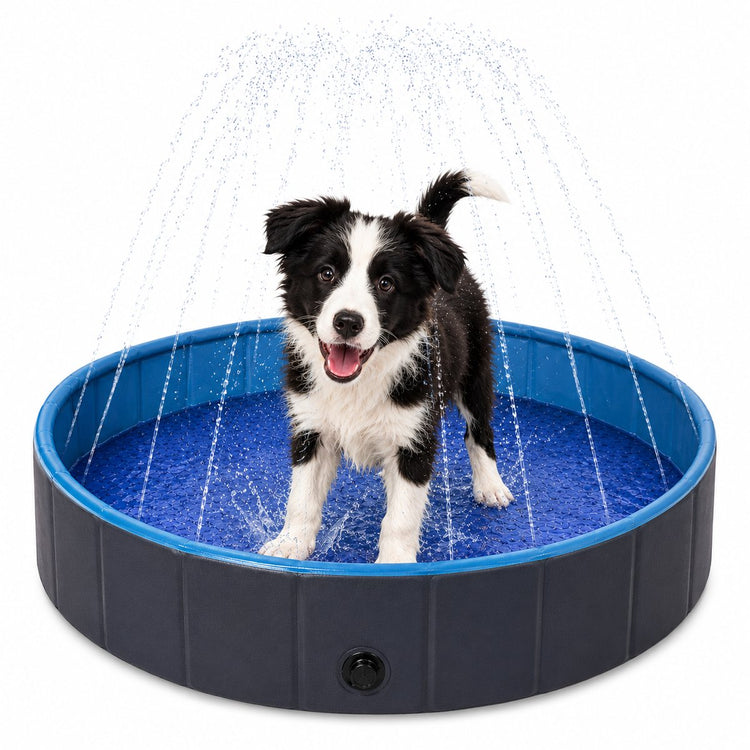Flamingo-Hundepool – Hundepool mit Sprinklern – 80 x 20 cm – Blau Dunkelgrau – faltbarer Pool mit Wassersprinklern – Sprinkler