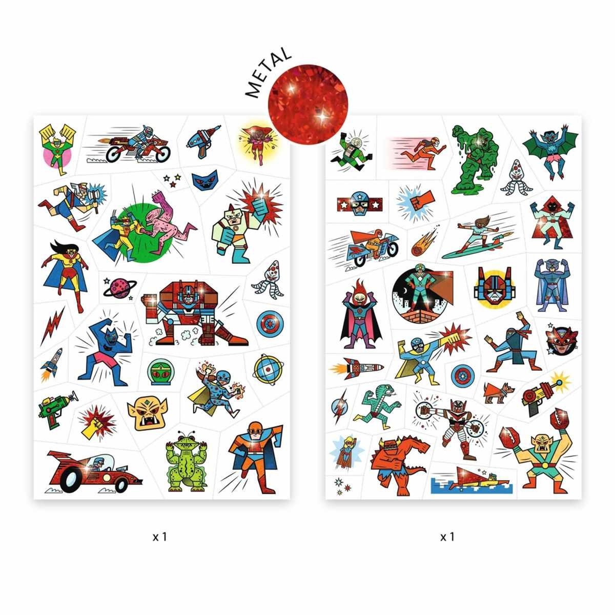 Djeco Tattoos Heroes vs Villains – Kinder-Tattoos-Set – temporäre Tattoos für Kinder – 2 Bögen