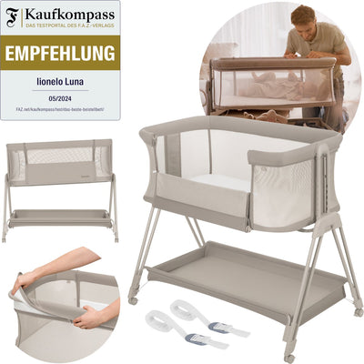Lionelo Luna – 2-in-1-Babybett-Beistellbett – Geburt bis 9 kg – 7 Höhenpositionen – neigbare Matratze – Netzseiten – Räder mit Blöcken – waschbarer Bezug – inklusive Aufbewahrungskorb