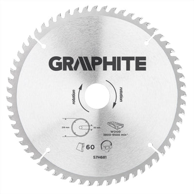 Graphit 57h681 Kreissägeblatt für Holz 216 mm, Bohrung 30 mm, Zähne 60, Stärke 3,2, Unterlegscheiben 16 20 25, TCT