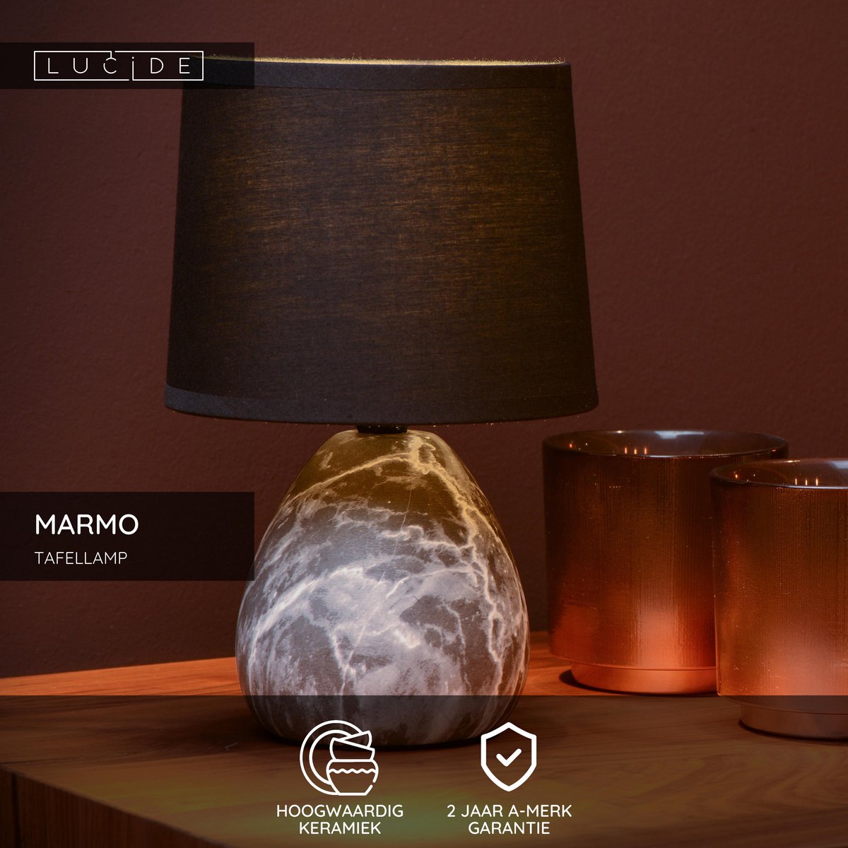 Lucide Marmo - Tischlampe - ø 16 cm - 1xe14 - Schwarz - Japandi