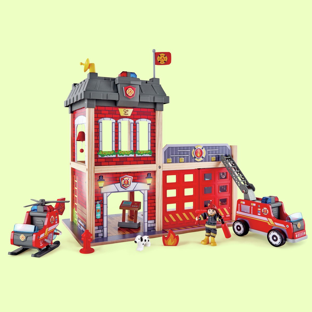 Hape Feuerwehr-Spielset mit Feuerwehrauto, Hubschrauber sowie Licht und Sound – 13-teilig, ab 3 Jahren
