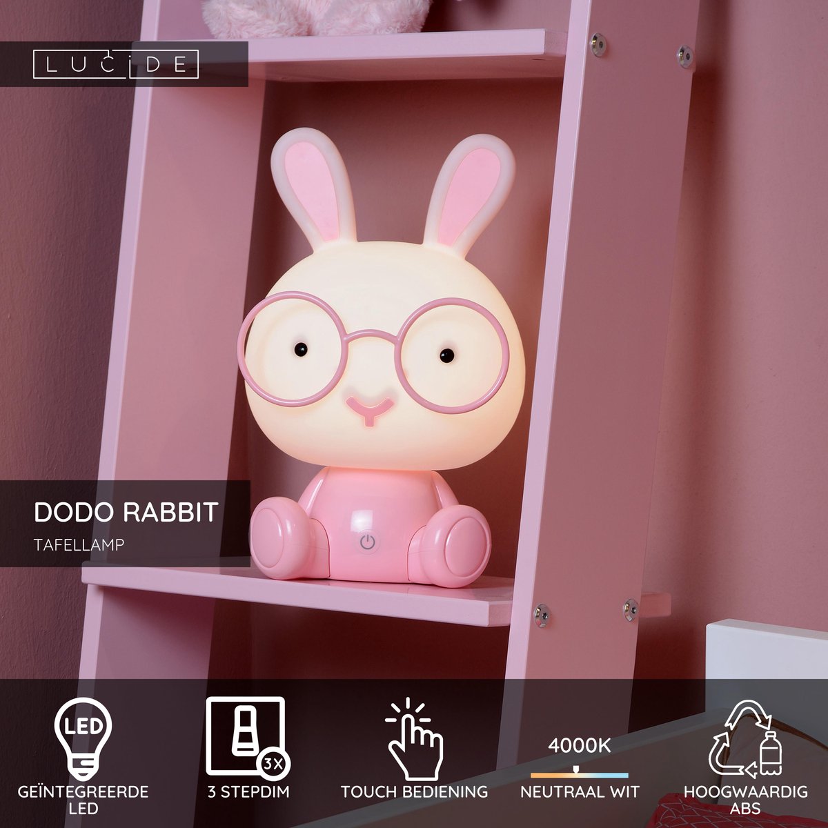 Lucide Dodo Rabbit - Tischlampe Kinderzimmer - LED 3 Stepdim - 1x3w 4000k - Rosa