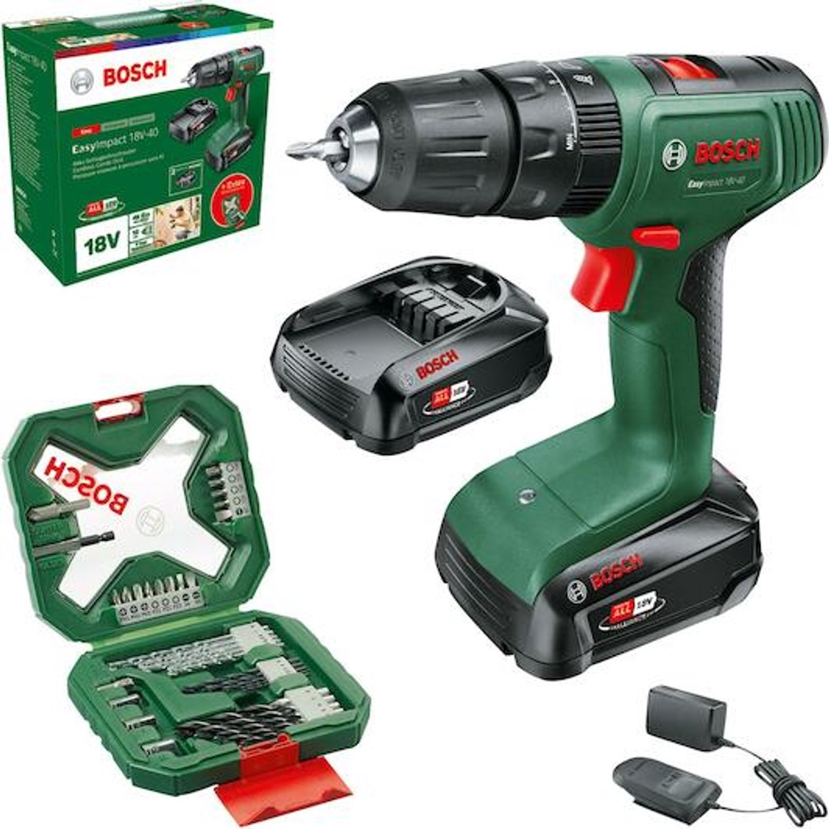 Imp Bosch Green Easyact 18V-40 | Akku-Schlagbohrschrauber | 2 x 2,0 Ah Akku + Schnellladegerät + Zubehör - 06039d8109