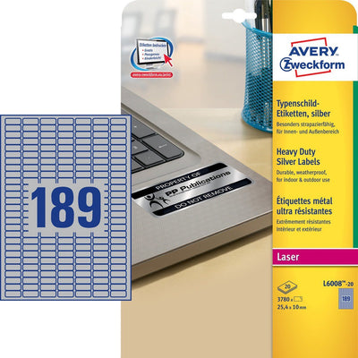 Avery ultrastarke silberfarbene Etiketten, Größe 245 x 10 mm (B x H), 3.780 Stück, 189 pro Blatt