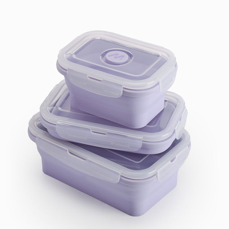 Muitomas Lunchbox-Set – 3-teilig – Silikon – faltbar – mit Deckel – mikrowellen-, spülmaschinen- und gefriergeeignet – violett