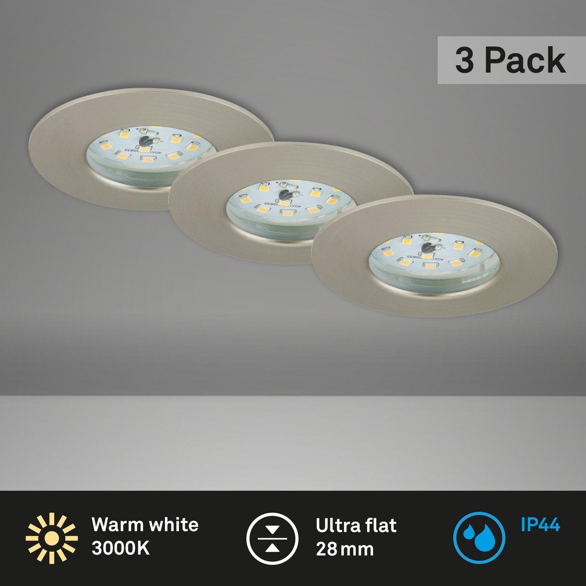 Briloner befestigen Sie einen - Einbaustrahler 3er Set - IP44 (Badezimmer) - 3 x LED 5w 400lm - Lichtfarbe: Warmweiß - Einbautiefe: 30mm - Einbaumaße: 60mm - Produkt: ø75mm - Nickel matt