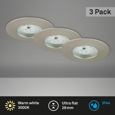 Briloner befestigen Sie einen - Einbaustrahler 3er Set - IP44 (Badezimmer) - 3 x LED 5w 400lm - Lichtfarbe: Warmweiß - Einbautiefe: 30mm - Einbaumaße: 60mm - Produkt: ø75mm - Nickel matt