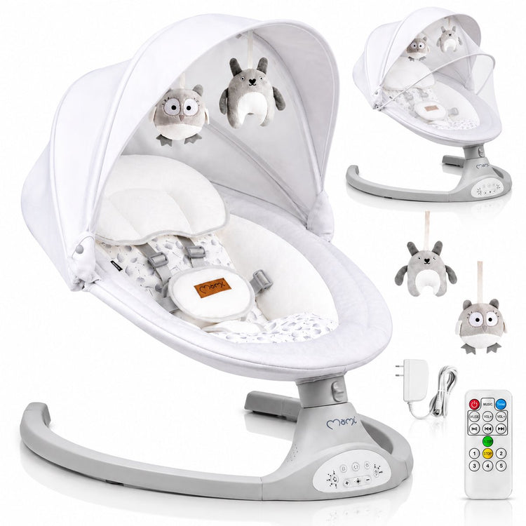 Momi Kenani – elektrische Babyschaukel – Bluetooth – Fernbedienung – 5 Schaukelgeschwindigkeiten – hellgrau