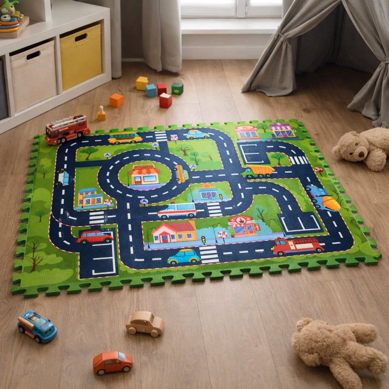 Eddy Toys Puzzlematte Stadt 12 Teile – Spielmatte mit Straßen und Autos – Schaumstoff-Spielmatte für Kinder mit Fliesen – Straßennetz-Spielmatte für drinnen – Bodenmatte Spielzeug – 90 x 120 cm