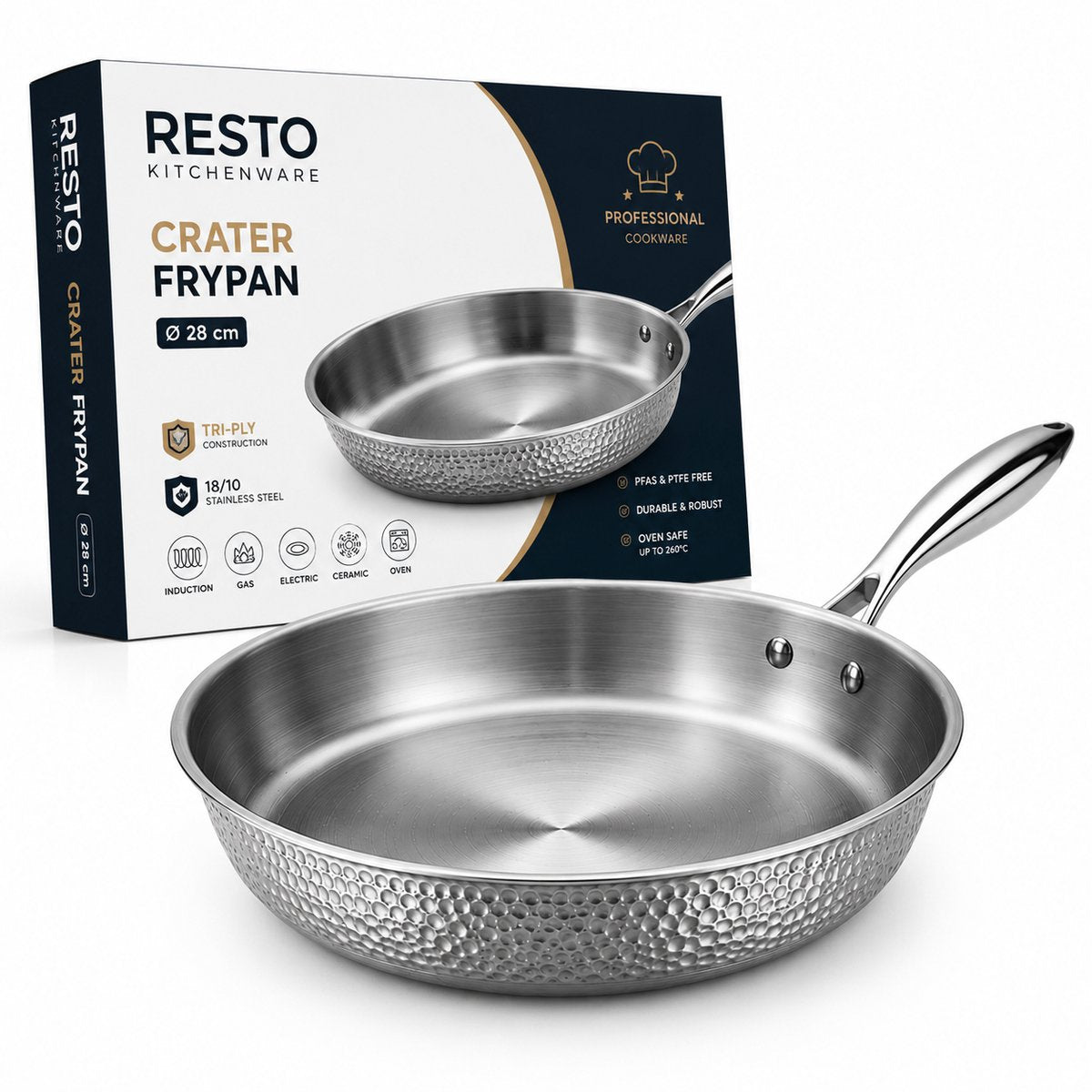 Resto Kraterpfanne 28 cm – Bratpfanne aus dreilagigem Edelstahl – induktionsgeeignet – professionelle Bratpfanne – Pfluon-Antihaftbeschichtung – ofenfest