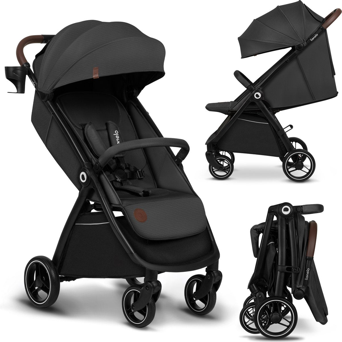 Lionelo Ingrid Buggy – Kinderwagen bis 22 kg – automatisches Klappsystem – 360° EVA-Räder – XXL-Markise mit UPF50+ – verstellbare Rückenlehne und Fußstütze – Panorama-Belüftungspanel – Getränkehalter und Korb