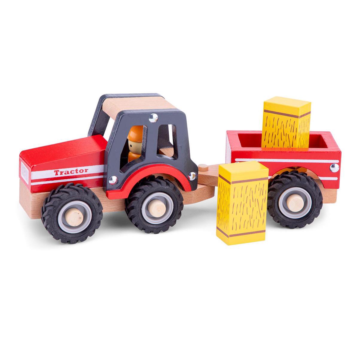 Woet® Holztraktor mit Anhänger – inklusive 2 Heuballen – rot – Lernspielzeugfahrzeug – Rollenspielspielzeug – ab 18 Monaten