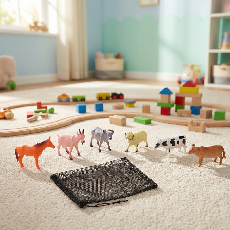 Eddy Toys Bauernhoftier-Spielset 6-teilig – Tierset mit Pferd, Kuh, Schaf, Ziege, Widder und Stier – inklusive Aufbewahrungsnetz