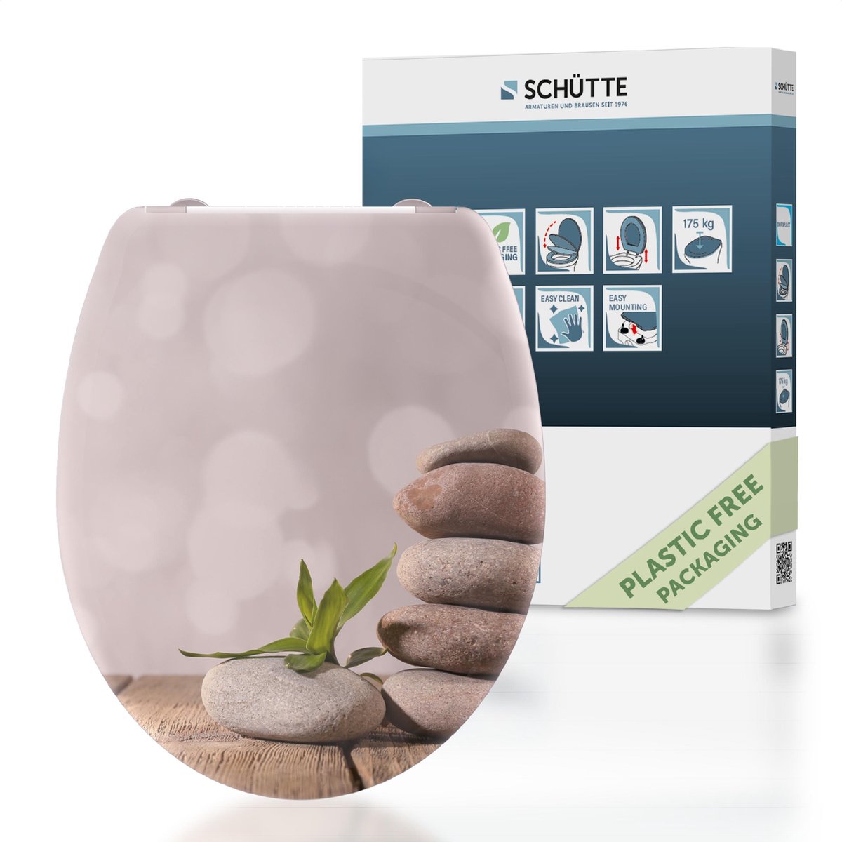 Schütte WC-Sitz 82380 Steinpyramide – Duroplast – Absenkautomatik – klickbar – Edelstahlscharniere – Belastbarkeit bis 175 kg – Dekor – 3-seitiger Druck