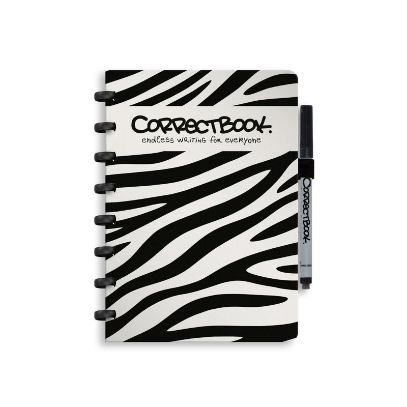 Correctbook A5 löschbares Notizbuch – gutes Zebra – liniert – wiederverwendbares Notizbuch – inklusive Stiftwischtuch – kann mit zusätzlichen Seiten ergänzt werden