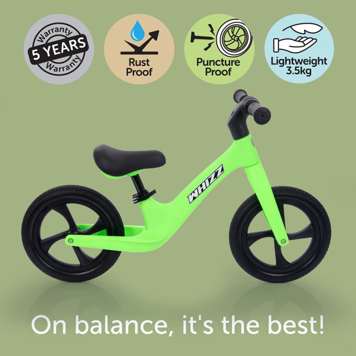Tickit Laufrad Whiz Green – leichtes Kinderfahrrad mit verstellbarem Sattel.