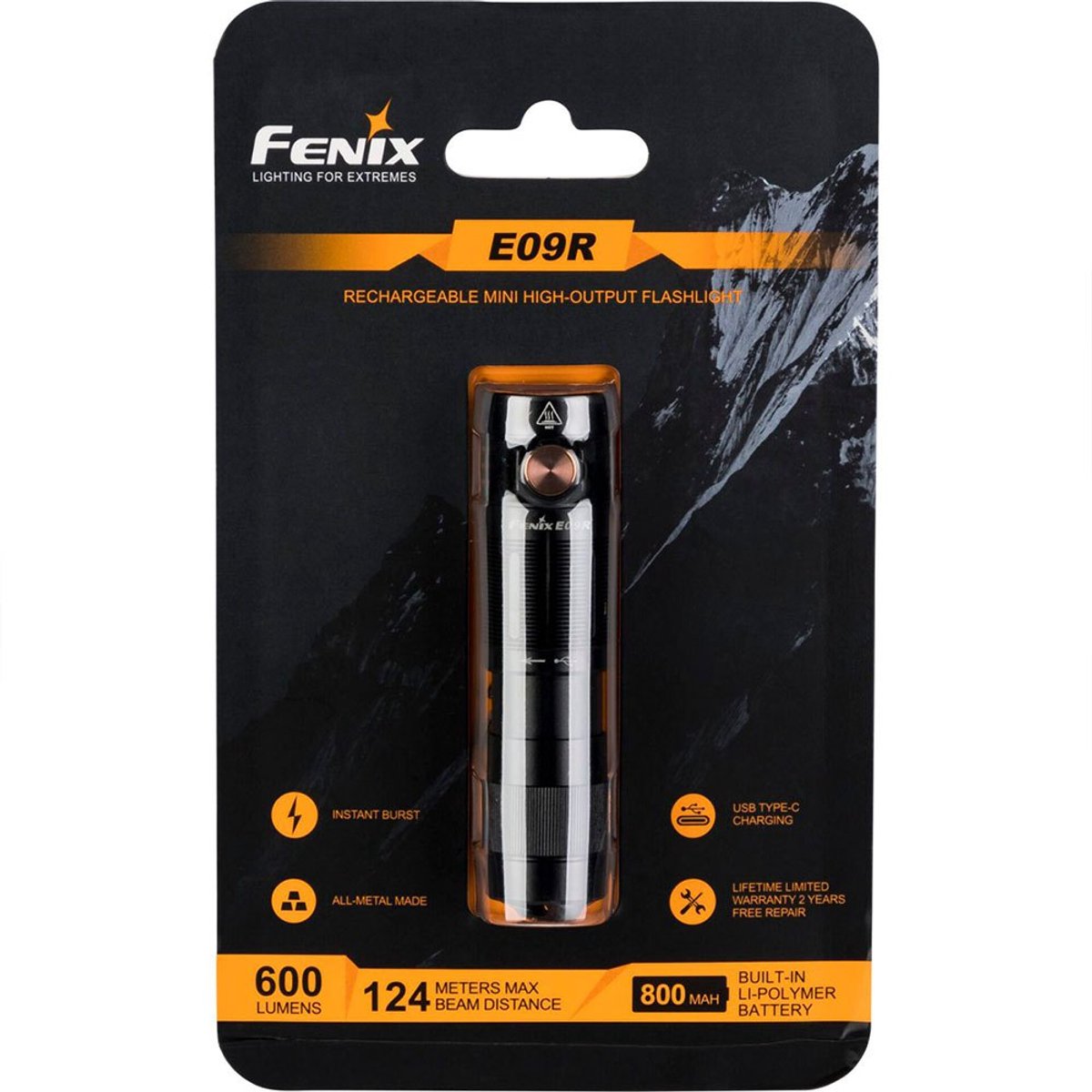 Fenix e09r kompakte LED-Taschenlampe – wiederaufladbar – 600 Lumen – 124 Meter – IP68 wasserdicht