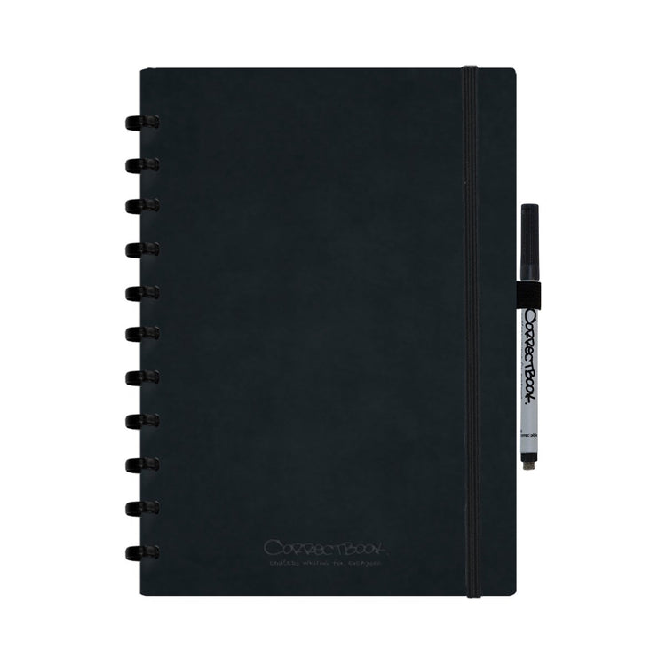 Correctbook A4 löschbares Notizbuch – tintenschwarzes Kunstleder-Hardcover – blanko – wiederverwendbares Notizbuch – inklusive Stiftwischtuch – kann mit zusätzlichen Seiten ergänzt werden