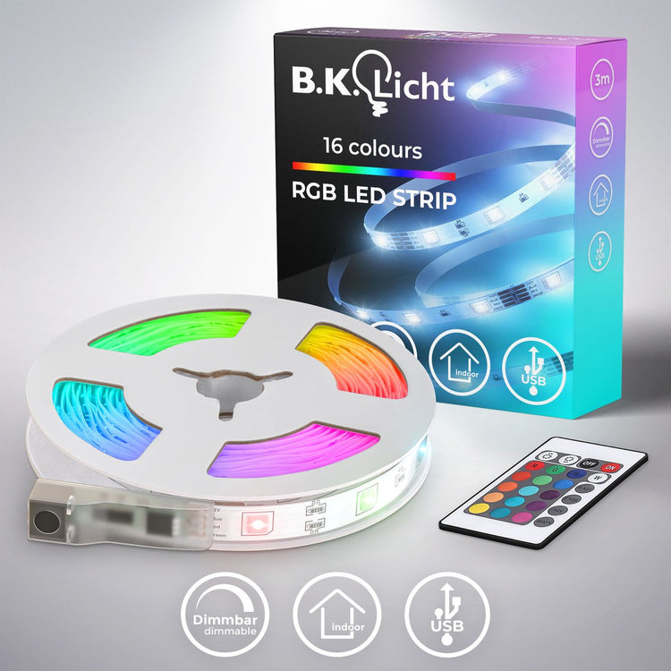 B.K.licht – LED-Streifen – 3 Meter LED-Leuchten – mit USB – RGB – dimmbar – farbiges Licht – mit Fernbedienung