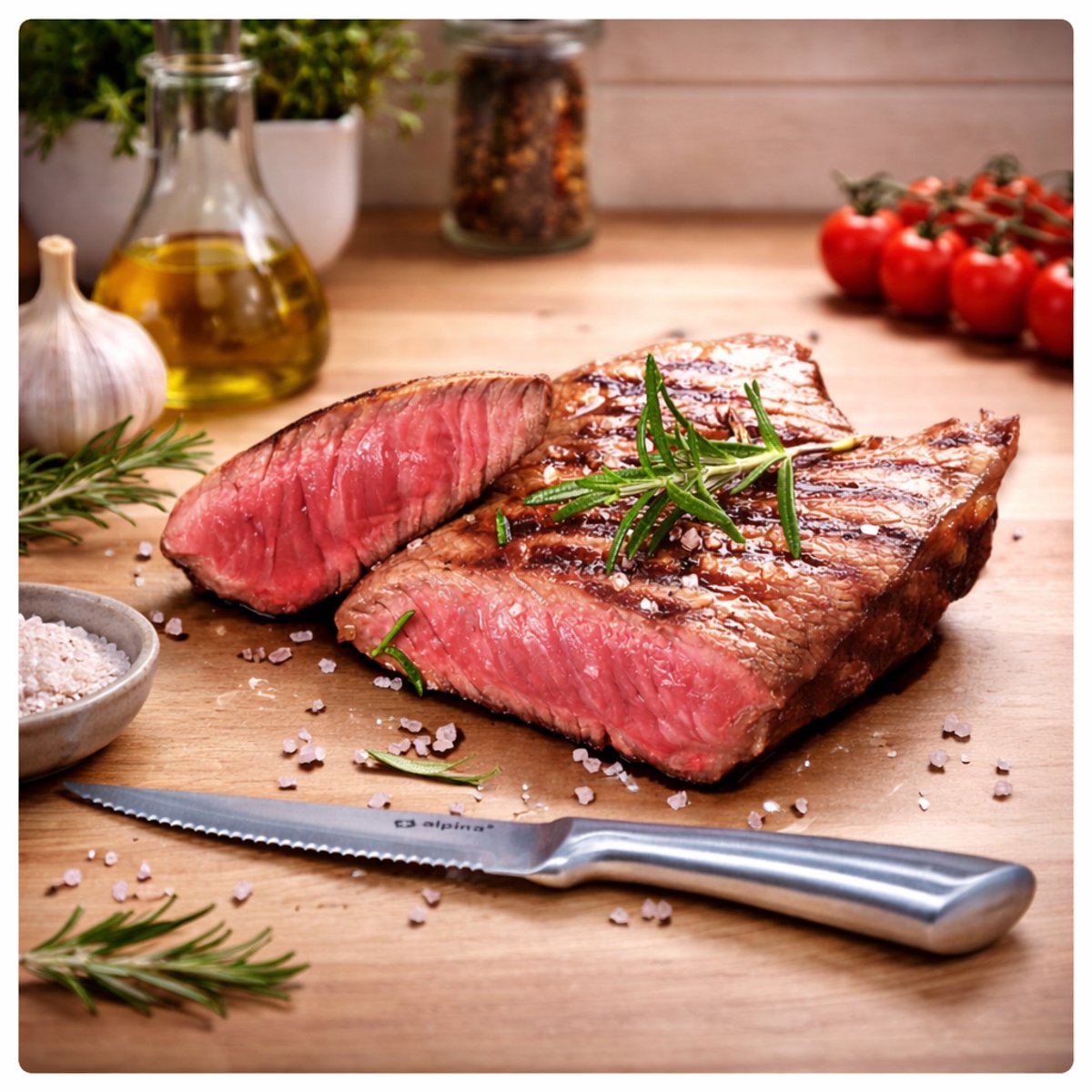 Alpina Steakmesser in Holzbox – Edelstahl – in Aufbewahrungsbox – Steakmesser 22,5 cm – Edelstahl