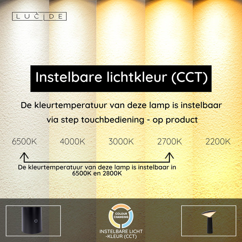 Lucide jive – wiederaufladbare Tischleuchte für drinnen und draußen – wiederaufladbarer Akku – ø 13,7 cm – LED dimmbar – CCT – 1x3 W 2800 K 6500 K – IP44 – Schwarz