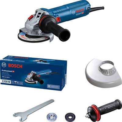 Bosch Professional GWS 12-125 S – Winkelschleifer – inklusive Vibrationskontrollgriff – Schutzhaube – aufsteckbare Schutzhaube – Montageflansch – Spannmutter – Zapfenschlüssel