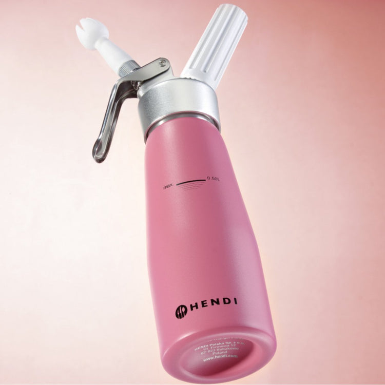 Hendi Schlagsahnebereiter – 0,5 l – Pastellrosa – inklusive 3 Düsen und Pinsel – Aluminium