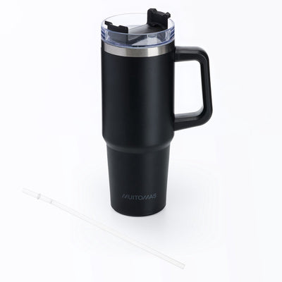 Muitomas Reisebecher – Reisebecher – doppelt isolierte Wand – praktischer Strohhalmgriff – 900 ml – Schwarz
