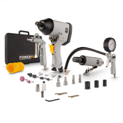 Powerplus powair0021 Pneumatik-Grundset - 5-teilig - inkl. Schraubenschlüssel, Mini-Stiftschleifer, Reifenfüllpistole, Luftpistole, Spiralschlauch und 21 Zubehörteile