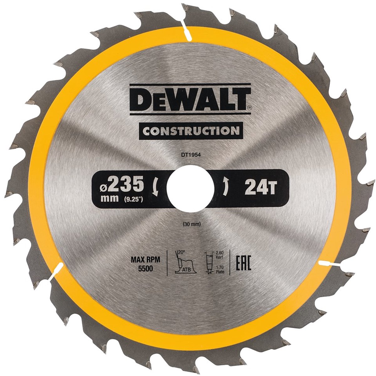 Dewalt Kreissägeblatt für Holz | Bau | ø 235mm Achsloch 30mm 24t - dt1954-qz