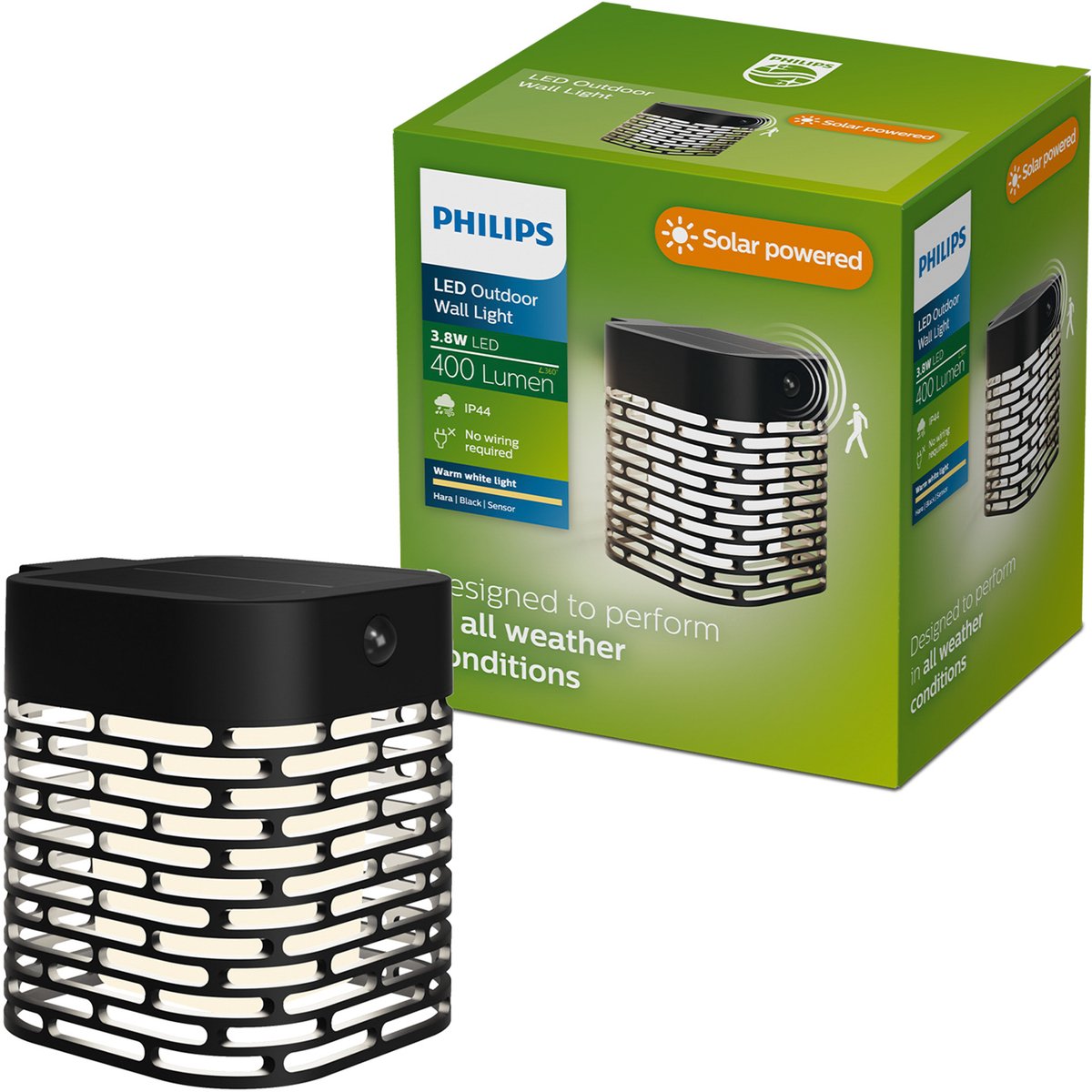Philips LED Philips Hara Solar-Wandleuchte – Solarenergie – warmweißes Licht: 2700 K – Schwarz – zwei Lichtmodi – Dämmerungssensor – Bewegungssensor – IP44: wetterfest – Solar-Außenbeleuchtung