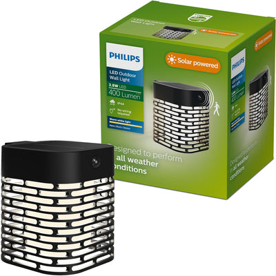 Philips LED Philips Hara Solar-Wandleuchte – Solarenergie – warmweißes Licht: 2700 K – Schwarz – zwei Lichtmodi – Dämmerungssensor – Bewegungssensor – IP44: wetterfest – Solar-Außenbeleuchtung
