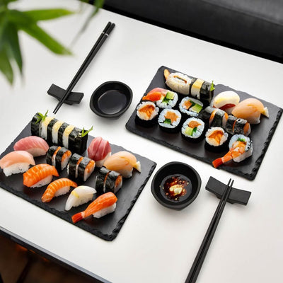 Mikamax Sushi-Set – für 2 Personen – inkl. Sushi-Essstäbchen-Teller – genießen Sie authentisches Sushi-Erlebnis – Schwarz – Sushi-Zubehör – Sushi-Geschirr – Essstäbchen – Essstäbchen