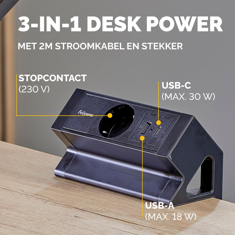Fellowes Ampra Power Desk – Aufputz-Netzteil für Schreibtisch – 1x Steckdose + USB-A USB-C – Tischklemme 10–45 mm – 2 m Kabel – 5 Jahre Garantie