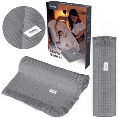 Lionelo Musselindecke Musselindecke 70×100 cm – 6-lagige Babydecke aus Baumwolle – atmungsaktiv weich – für alle Jahreszeiten – mit dekorativen Fransen – Wickelbadetuch – Geschenkverpackung