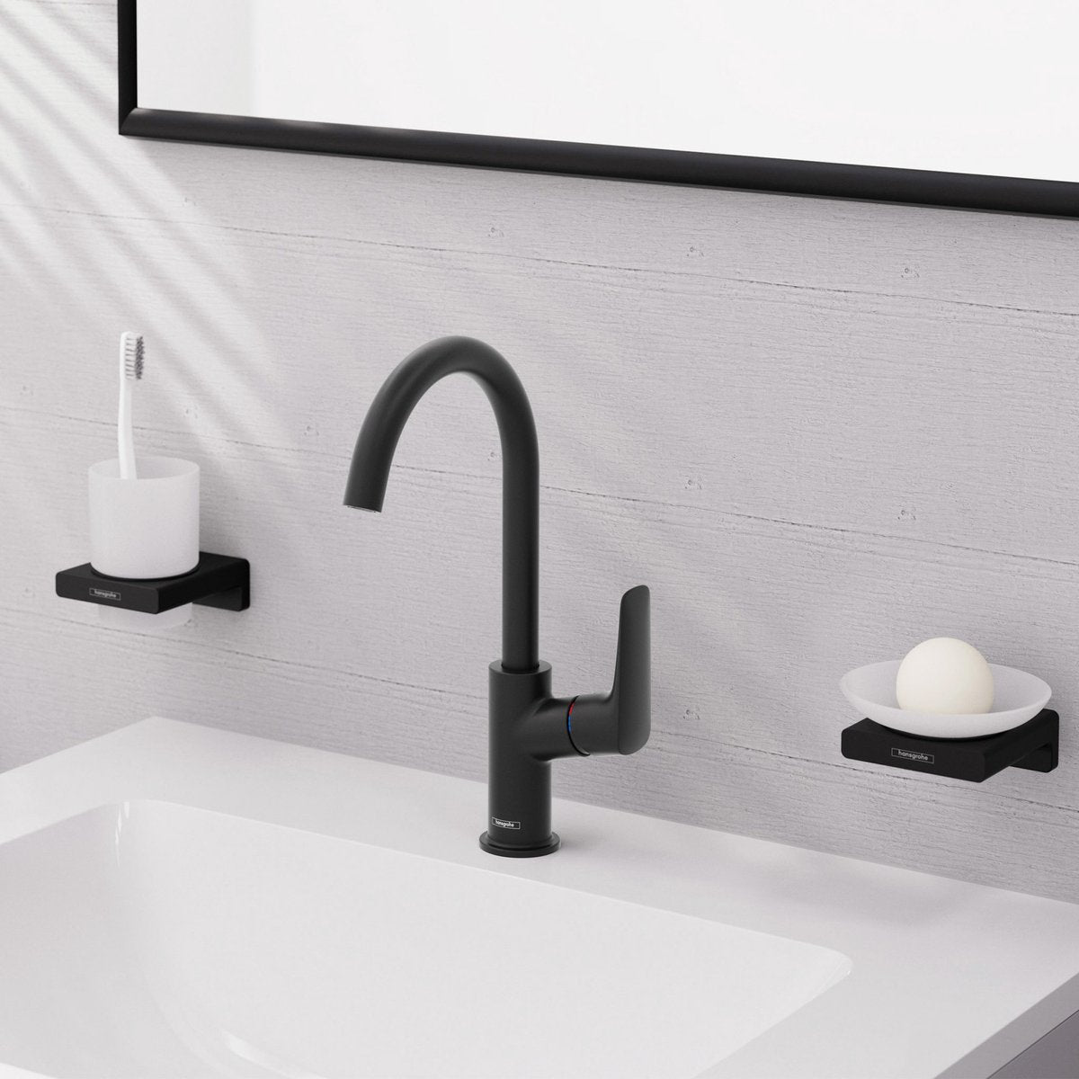 Hansgrohe Logis – Waschtisch-Mischbatterie – Einhebelbedienung – ohne Ablaufgarnitur – 210 mm – schwenkbarer Auslauf – mattschwarz