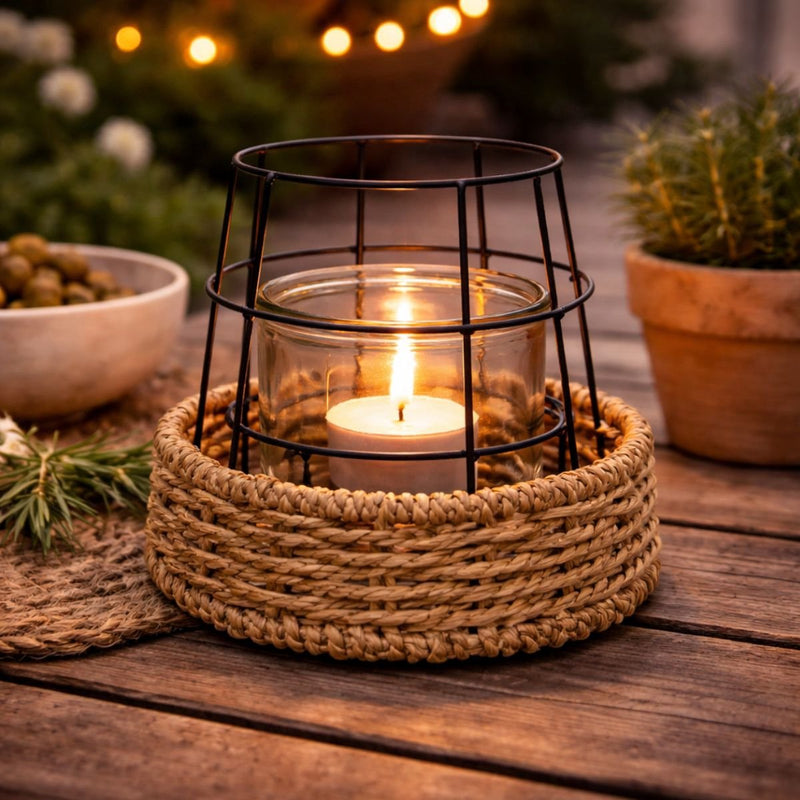 Arti casa Kerzenständer – Laterne mit Seil – Kerzenhalter für drinnen und draußen – 17 x 16,5 cm – Naturschwarz