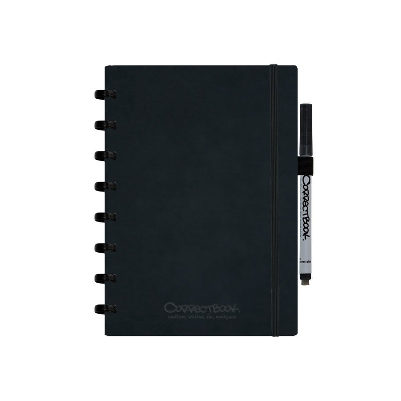 Correctbook a5 löschbares Notizbuch – tintenschwarzes Kunstleder-Hardcover – liniert – wiederverwendbares Notizbuch – inklusive Stiftwischtuch – kann mit zusätzlichen Seiten ergänzt werden