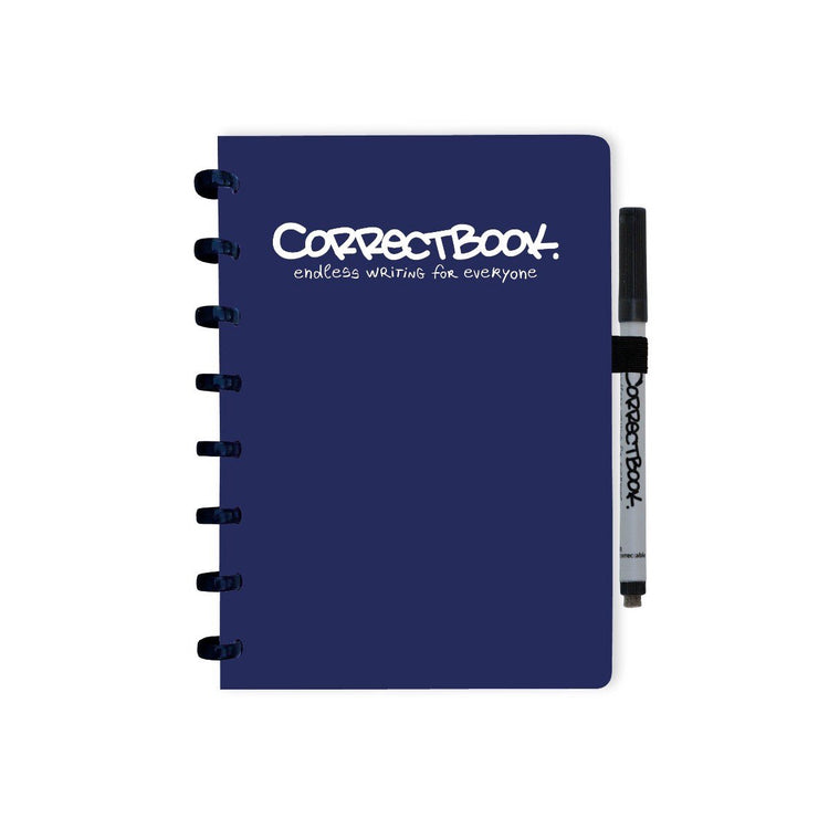 Correctbook A5 löschbares Notizbuch – wiederverwendbares Notizbuch – Mitternachtsblau – liniert – inklusive Stiftwischtuch – kann mit zusätzlichen Seiten ergänzt werden