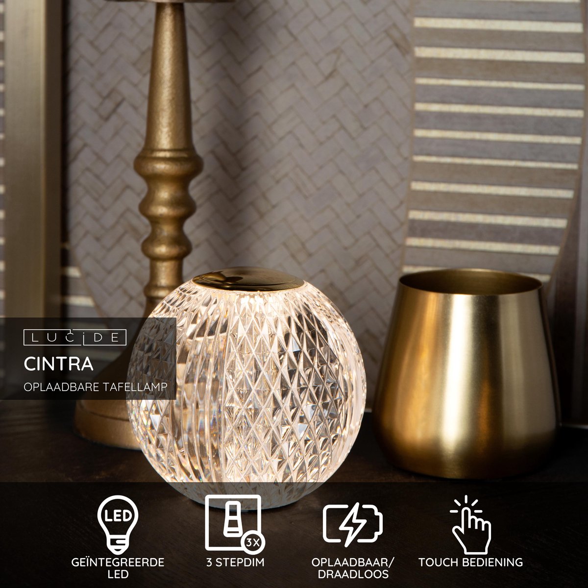 Lucide cintra - wiederaufladbare Tischleuchte - wiederaufladbarer Akku - ø 9 cm - LED 3 Stufendimmung - 1x1,5 W 2700 K - transparent