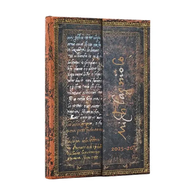 Paperblanks 2026 Michelangelo Handschrift (verschönerte Manuskriptsammlung) Mini-18-Monats-Horizontal-Hardcover-Flexi-Tagesplaner 2025–2026 (Wickelverschluss)