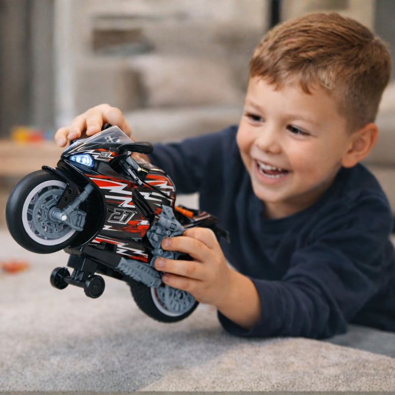 Eddy Toys Wheelie-Motorrad mit Licht und Sound – Spielzeugmotorrad – Stunt-Motorradspielzeug für Kinder – Rot oder Grün – 1 zufällige Farbe