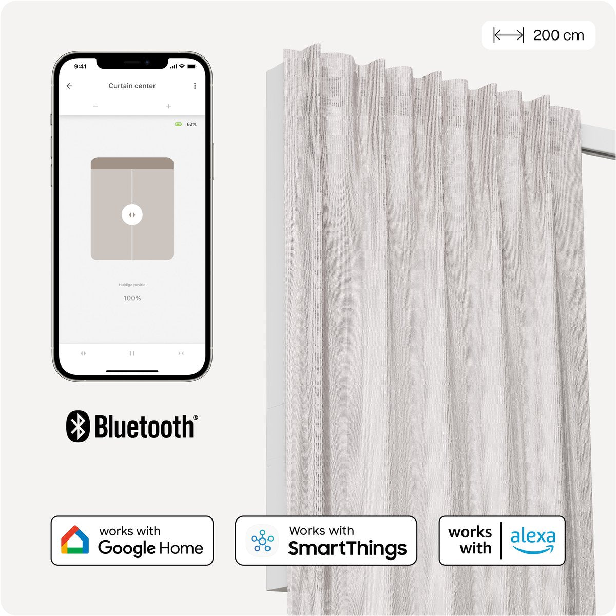 Motionblinds Smart Curtain Track - Smart Curtain - Bluetooth, kabellose App-Steuerung Pull-Start-Funktion - USB-C wiederaufladbar - Pull-Start-Funktion - 200 cm