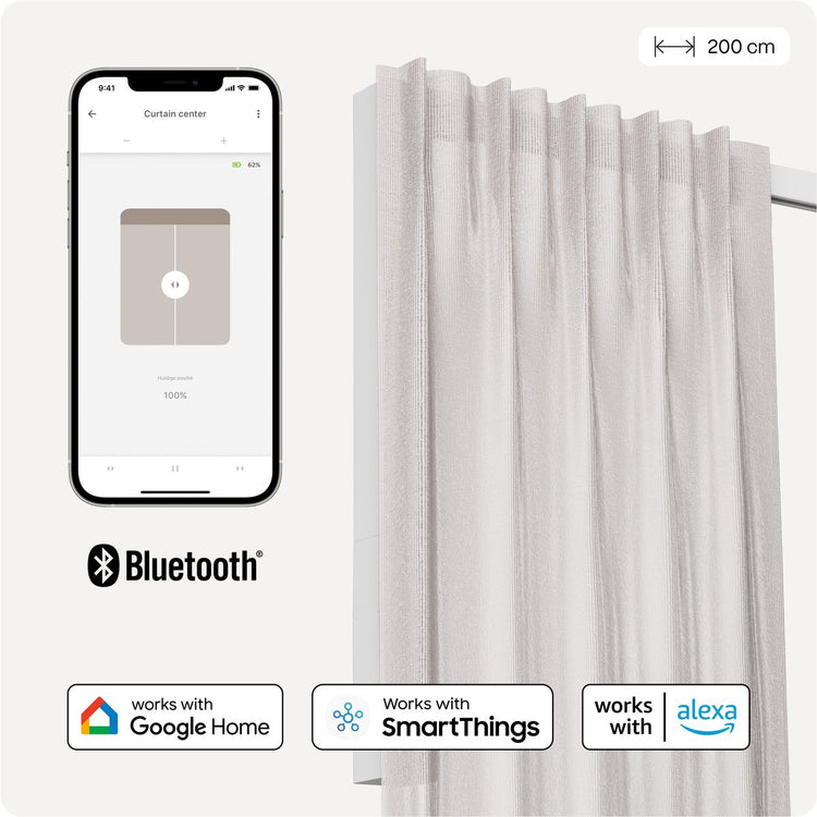 Motionblinds Smart Curtain Track - Smart Curtain - Bluetooth, kabellose App-Steuerung Pull-Start-Funktion - USB-C wiederaufladbar - Pull-Start-Funktion - 200 cm