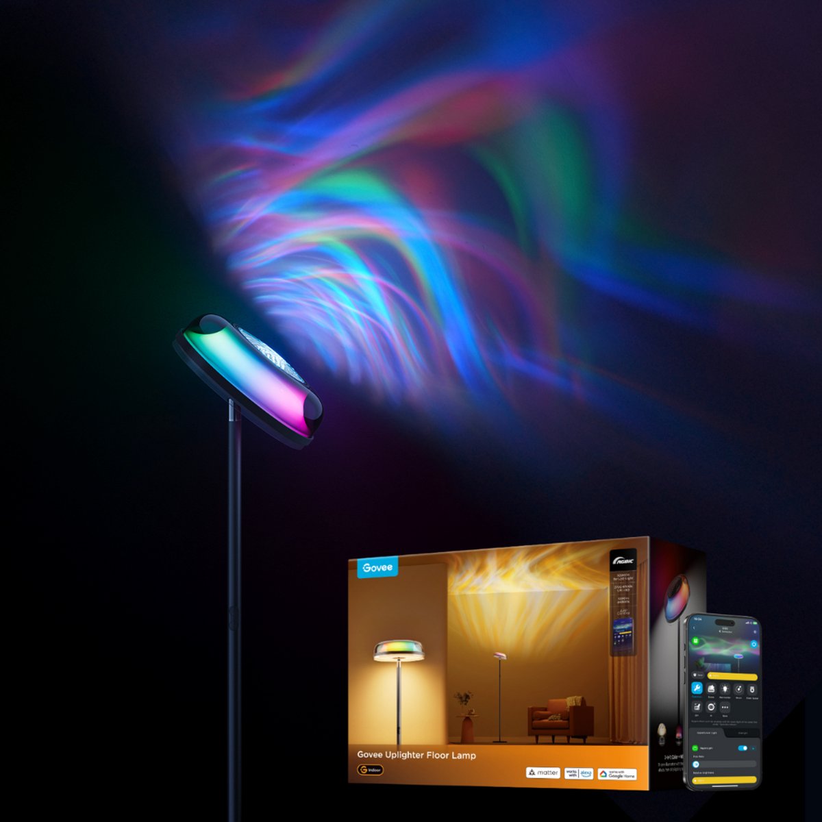 Govee Smart Stehleuchte 170 cm Matter RGBICWW – Ripple Wall Wash-Beleuchtung – drei Lichtzonen – Projektionsbeleuchtung
