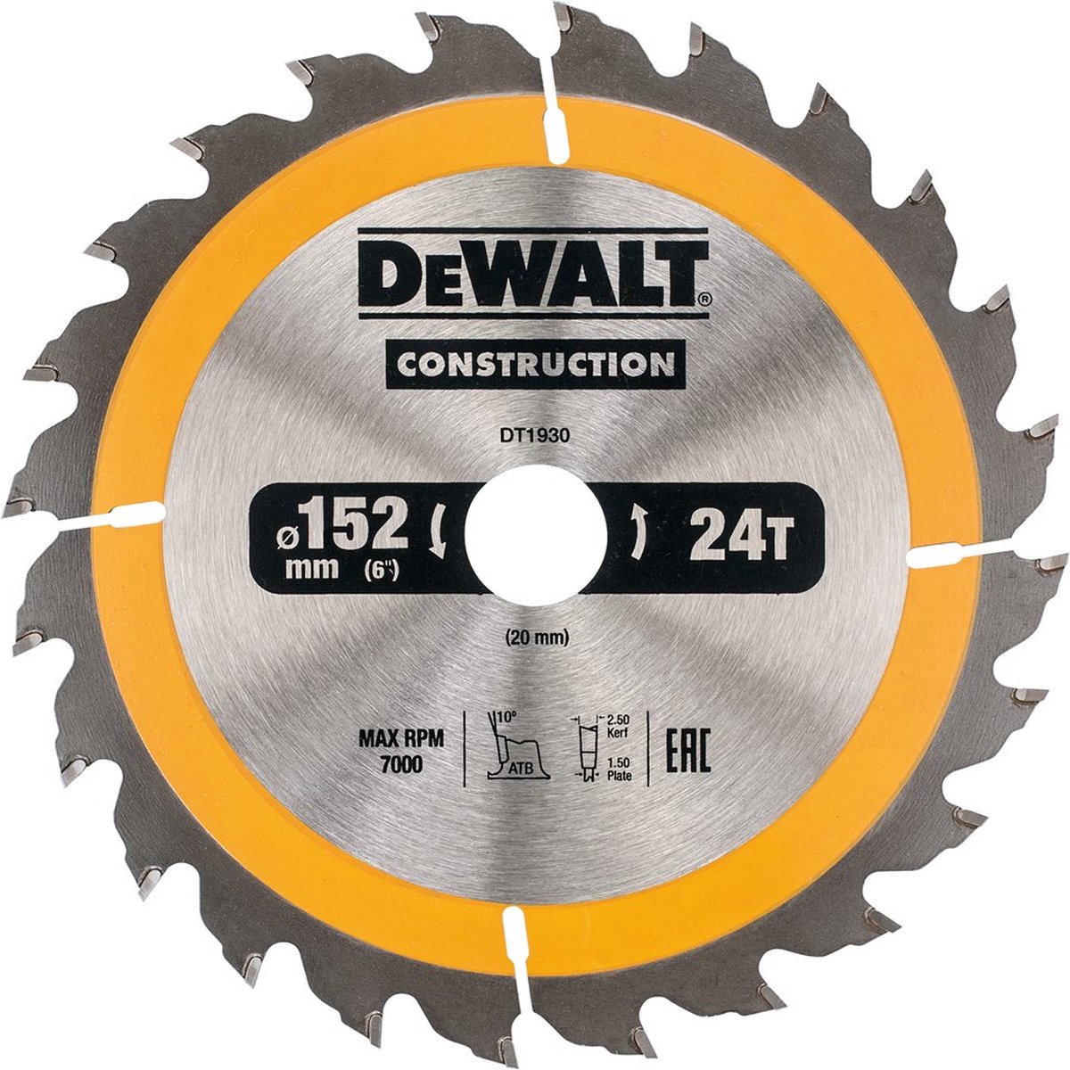 Dewalt Kreissägeblatt für Holz | Bau | ø 152mm Achsloch 20mm 24t - dt1930-qz